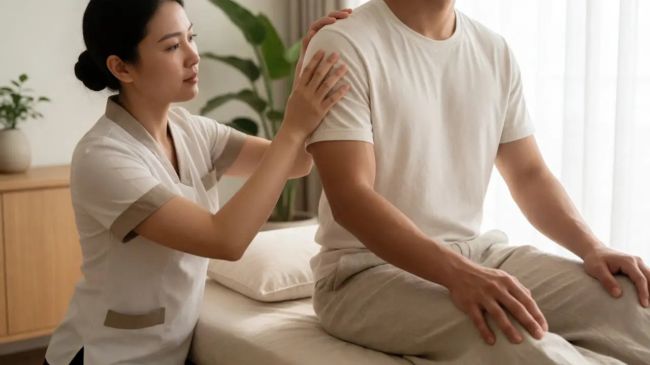 Chuyên gia massage trị liệu chuyên nghiệp đang thực hiện kỹ thuật trên khách hàng mặc đồ rộng rãi trong không gian sáng sủa.