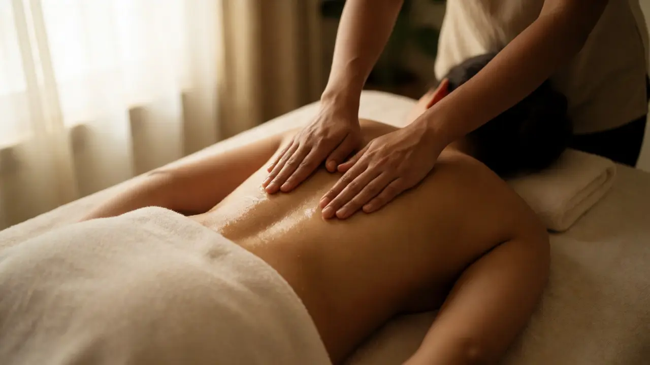 Kỹ thuật viên thực hiện động tác vuốt dài dọc cột sống với dầu ấm trong spa