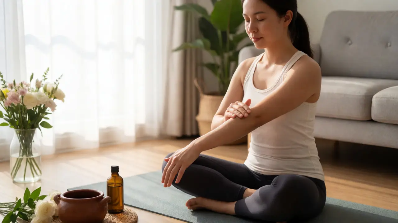 Phụ nữ tự massage cánh tay bằng dầu ấm tại nhà để thư giãn và nuôi dưỡng da